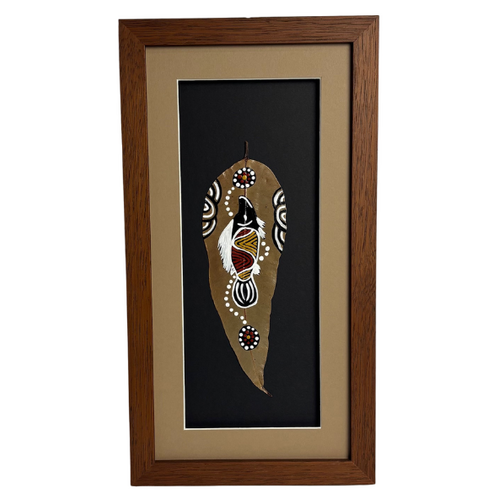 Framed Aboriginal Dot Art Handpainted Gumleaf (38cm x 20cm) - Fish (Black/Beige)