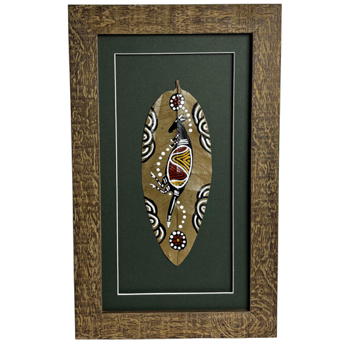 Framed Aboriginal Dot Art Handpainted Gumleaf (22cm x 36cm) - Kangaroo (Green)
