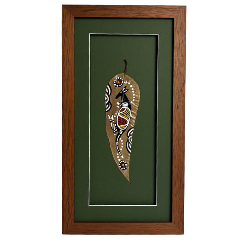 Framed Aboriginal Dot Art Handpainted Gumleaf (38cm x 20cm) - Kangaroo (Green)
