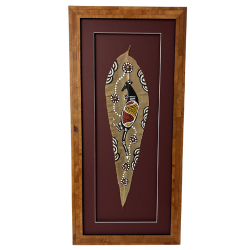 Framed Aboriginal Dot Art Handpainted Gumleaf (53cm x 25cm) - Kangaroo (Maroon)
