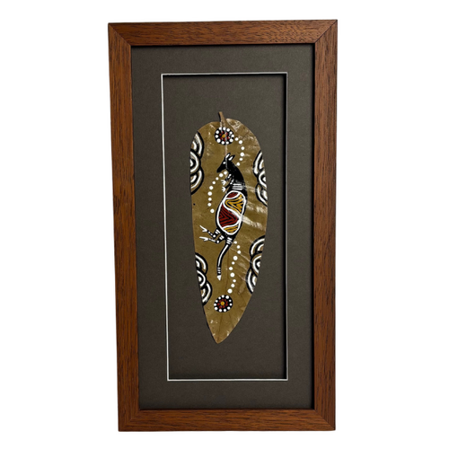 Framed Aboriginal Dot Art Handpainted Gumleaf (38cm x 20cm) - Kangaroo (Taupe)