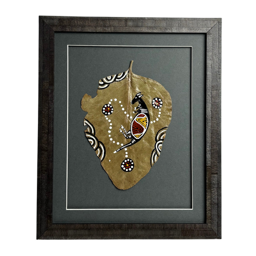 Framed Aboriginal Dot Art Handpainted Gumleaf (35cm x 28cm) - Kangaroo (Teal Green)