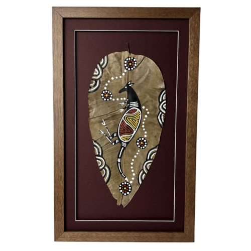 Framed Aboriginal Dot Art Handpainted Gumleaf (45cm x 26cm) - Kangaroo (Maroon)