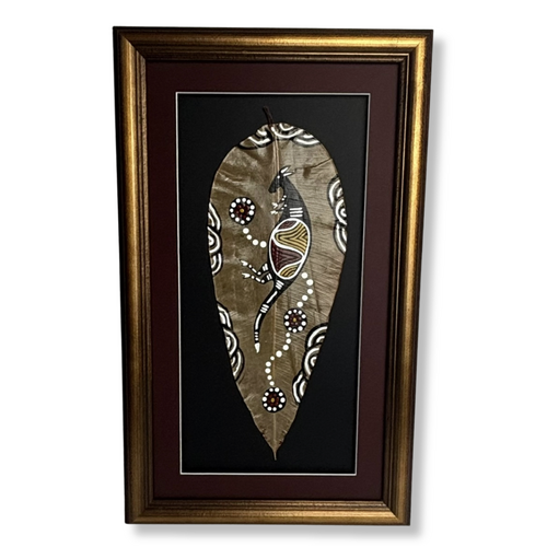 Framed Aboriginal Art Handpainted  XLarge Gumleaf - Kangaroo Story (Maroon/Black)