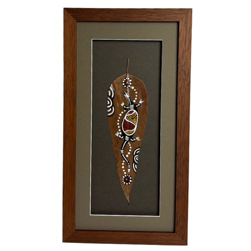 Framed Aboriginal Dot Art Handpainted Gumleaf (38cm x 20cm) - Lizard (2 TONE)
