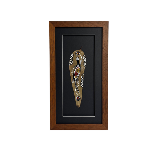 Framed Aboriginal Dot Art Handpainted Gumleaf (38cm x 20cm) - Lizard (Black)