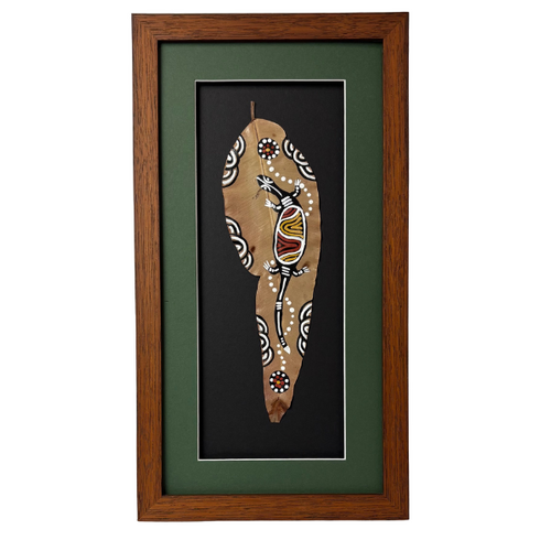 Framed Aboriginal Dot Art Handpainted Gumleaf (40cm x 22cm) - Lizard (Black/Green)