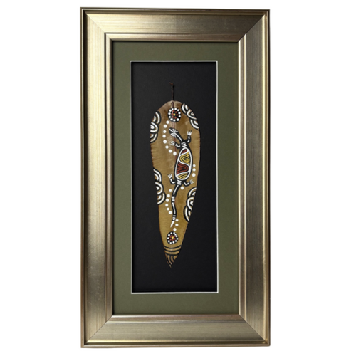 Framed Aboriginal Dot Art Handpainted Gumleaf (45cm x 25cm) - Lizard (Gold/Black/Olive)