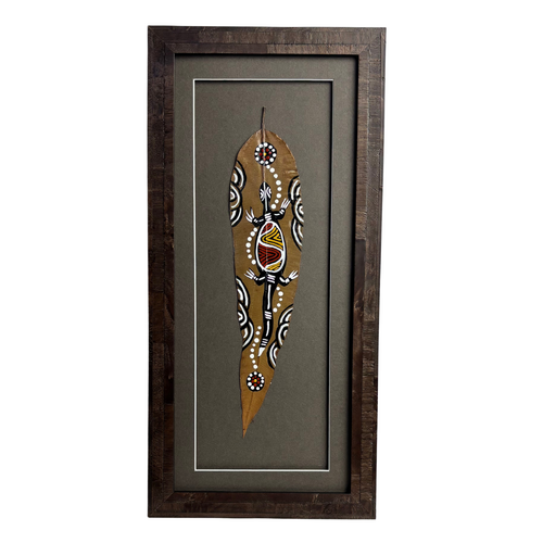 Framed Aboriginal Dot Art Handpainted Gumleaf (44cm x 21cm) - Lizard (Taupe)