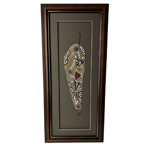 Framed Aboriginal Dot Art Handpainted Gumleaf (49cm x 22cm) - Lizard (Olive Green)
