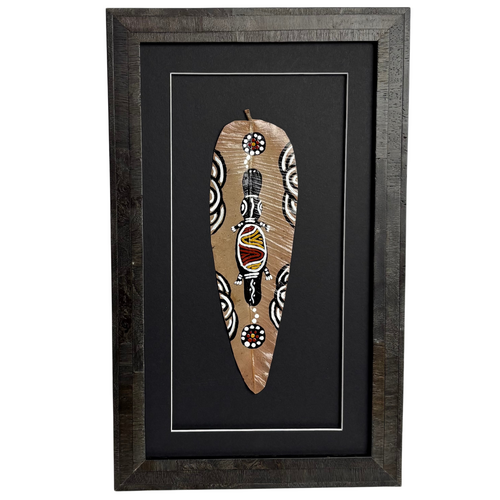 Framed Aboriginal Dot Art Handpainted Gumleaf (35cm x 23cm) - Platypus (Black)