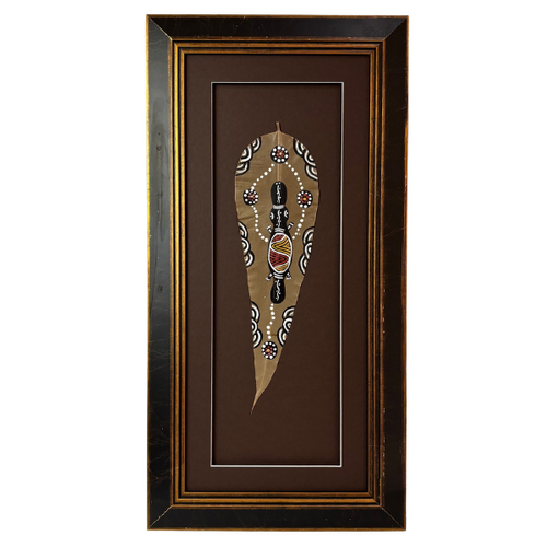 Framed Aboriginal Dot Art Handpainted Gumleaf (57cm x 29cm) - Platypus (Brown)