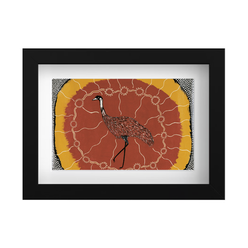 Framed Aboriginal Art PRINT (13cm x 18cm) - Dinewan the Emu Black