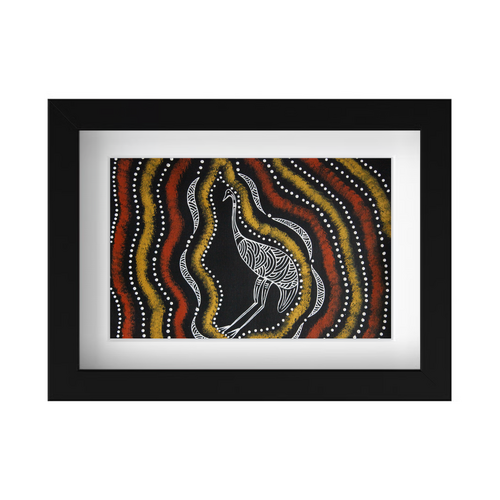 Framed Aboriginal Art PRINT (13cm x 18cm) - Emu Black