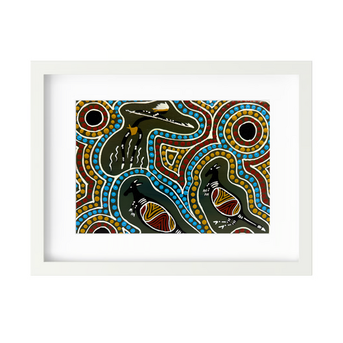 Framed Aboriginal Art Print [40cm x 30cm] - Kangaroo Hunting