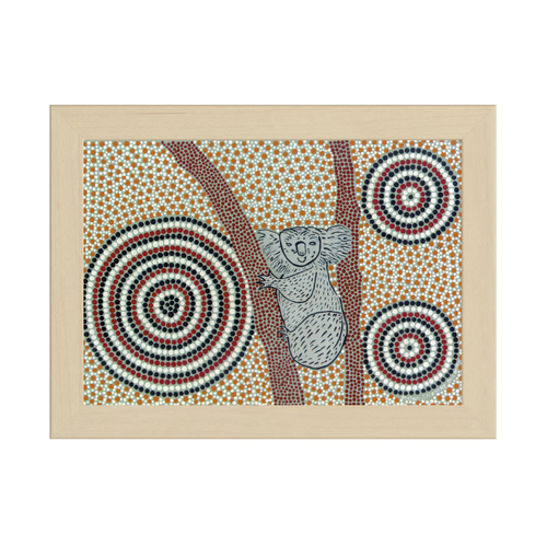 Framed Aboriginal Art PRINT (13cm x 18cm) - Koobor the Koala - The Drought Maker (BIRCH FRAME)