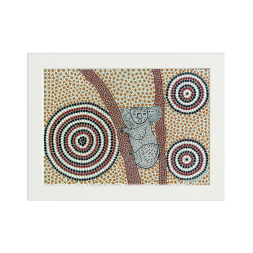 Framed Aboriginal Art PRINT (13cm x 18cm) - Koobor the Koala - The Drought Maker (WHITE FRAME)
