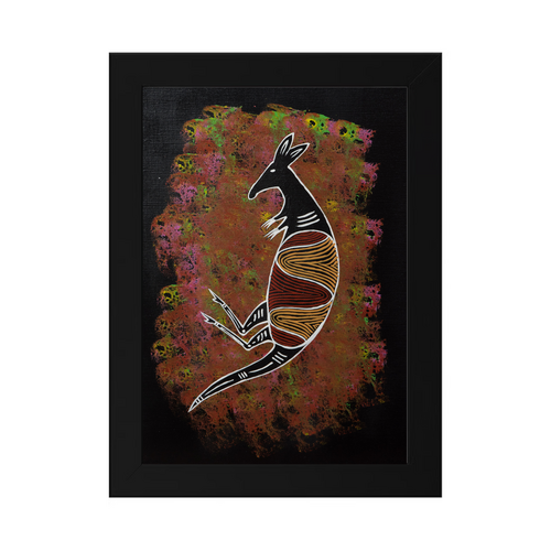 Framed Aboriginal Art PRINT (13cm x 18cm) -Kangaroo Black