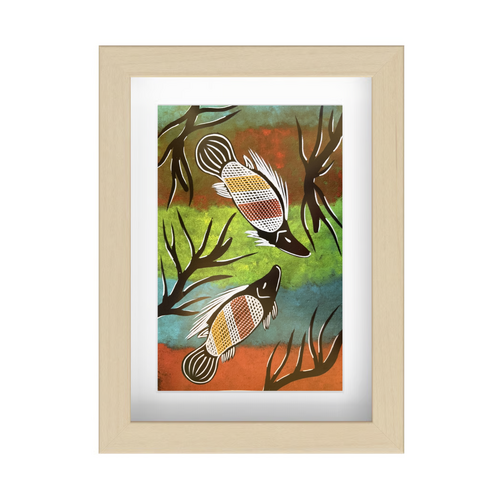 Framed Aboriginal Art PRINT (13cm x 18cm) - Thuggai the Yellowbelly BIRCH Frame