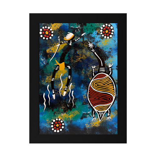 Framed Aboriginal Art PRINT (13cm x 18cm) - Turtle Black