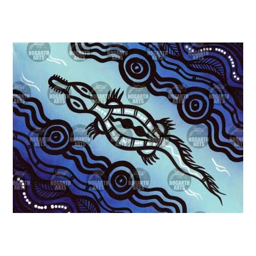 Stephen Hogarth Aboriginal Art Stretched Canvas (30cm x 40cm) - Crocodile (Blue)