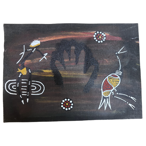 Unstretched Handpainted Aboriginal Art A4 Canvas (21cm x 29cm) - Brolga and Dancer