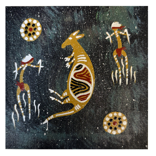 Handpainted Aboriginal Art Black Canvas (15cm x 15cm) - Bohra the Kangaroo