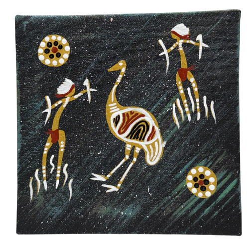 Handpainted Aboriginal Art Black Canvas (15cm x 15cm) - Emu