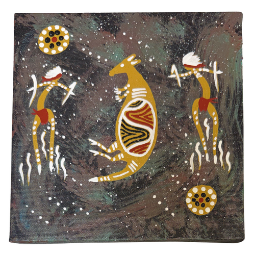 Handpainted Aboriginal Art Black Canvas (15cm x 15cm) - Kangaroo Dancer