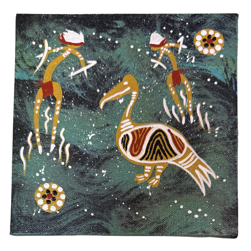 Handpainted Aboriginal Art Black Canvas (15cm x 15cm) - Pelican