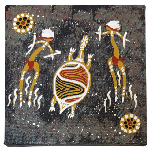 Handpainted Aboriginal Art Black Canvas (15cm x 15cm) - Turtle Dancer