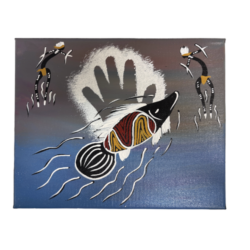 Original Aboriginal Art Painting Stretched Canvas (25cm x 20cm ) - Barramundi and Warriors
