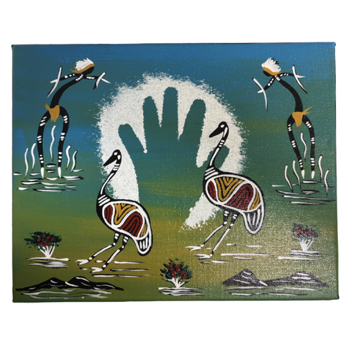 Original Aboriginal Art Painting Stretched Canvas (25cm x 20cm ) - Emus and Warriors