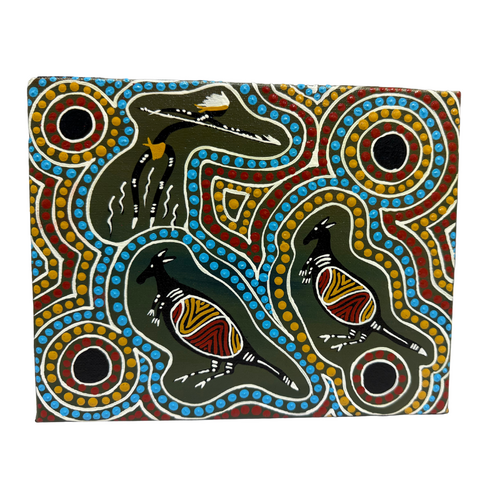 Original Aboriginal Art Painting Stretched Canvas (25cm x 20cm ) - Kangaroo Hunt