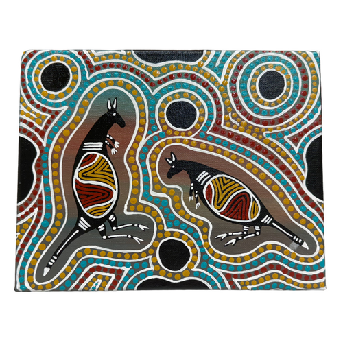 Original Aboriginal Art Painting Stretched Canvas (25cm x 20cm ) - Fighting Kangaroos