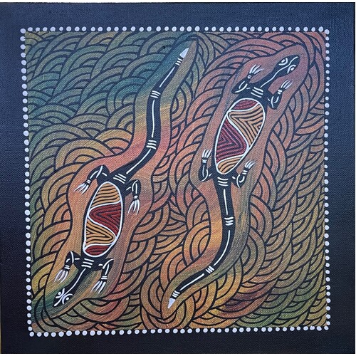 Original Aboriginal Art Painting Stretched Canvas (30cm x 30cm ) - 2 Goannas on Country