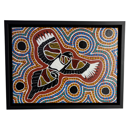 Original Aboriginal Art (Boxed Framed) Painting Stretched Canvas (33cm x 24cm) - Magpie