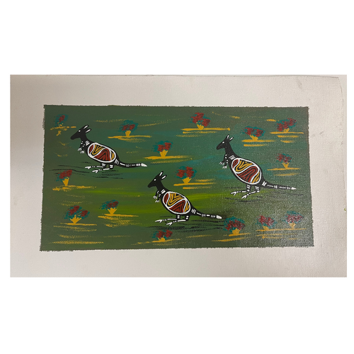 Unstretched Handpainted Aboriginal Art Canvas (37cm x 23cm) - 3 Kangaroos Grazing