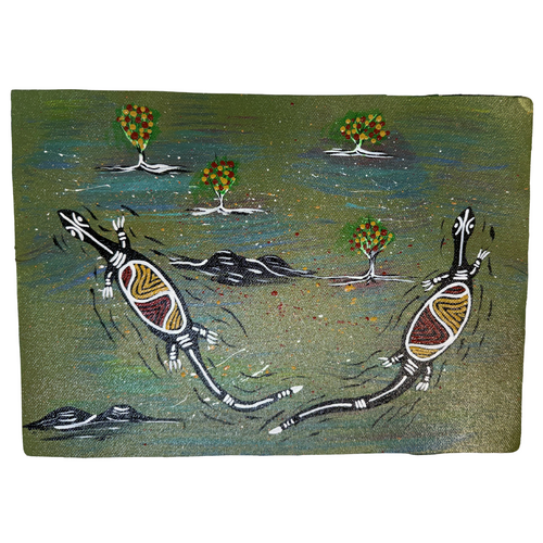 Unstretched Handpainted Aboriginal Art A4 Canvas (21cm x 29cm) - Goannas Feeding