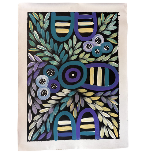 Raintree Aboriginal Art UNStretched Canvas [60cm x 45cm) - Bush Medicine Leaves and Awelye (Blue)