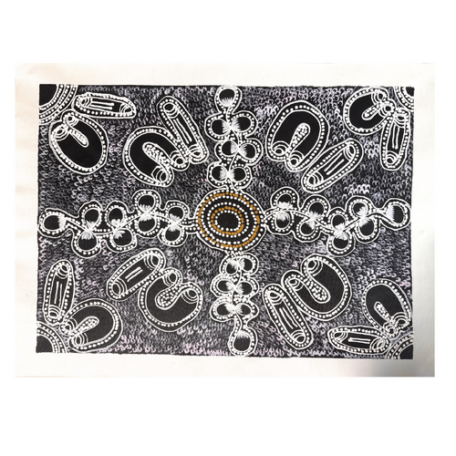Raintree Aboriginal Art UNStretched Canvas (60cm x 45cm) - Women Collecting Bush Tucker (Black/White)