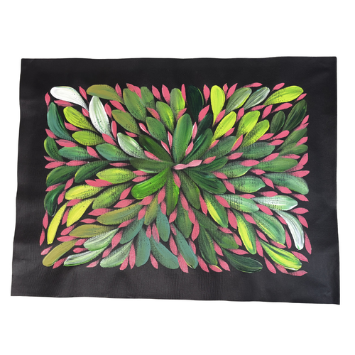 Raintree Aboriginal Art UNStretched Canvas (60cm x 45cm) - Bush Medicine Leaves (Green/Pink)