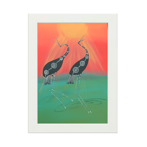Framed Aboriginal Art PRINT (13cm x 18cm) - Dancing Brolgas