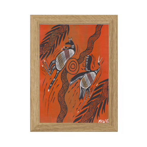 Framed Aboriginal Art PRINT (13cm x 18cm) - Kangaroo & Emu