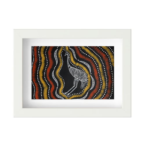 Framed Aboriginal Art PRINT (13cm x 18cm) - Emu Black [White Frame]