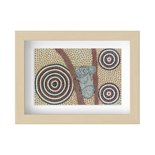 Framed Aboriginal Art PRINT (13cm x 18cm) - Koobor the Koala - The Drought Maker (BIRCH FRAME)