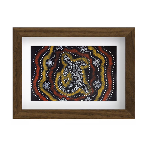 Framed Aboriginal Art PRINT (13cm x 18cm) - Oola The Lizard BLACK [Walnut]