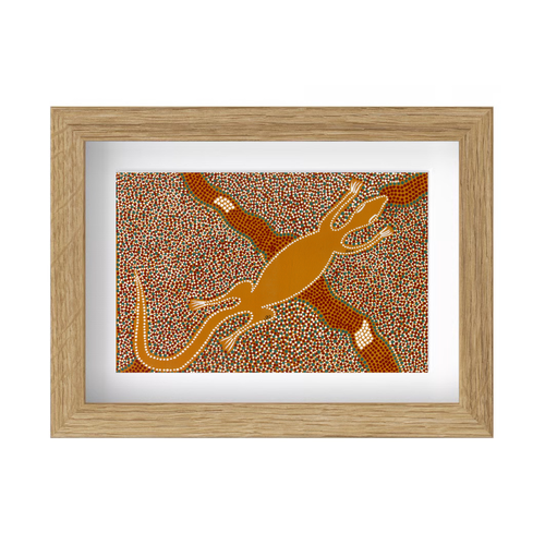 Framed Aboriginal Art PRINT (13cm x 18cm) - Oola The Lizard [Oak Frame]
