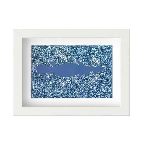Framed Aboriginal Art PRINT (13cm x 18cm) - Gaya-dari the Platypus [White]