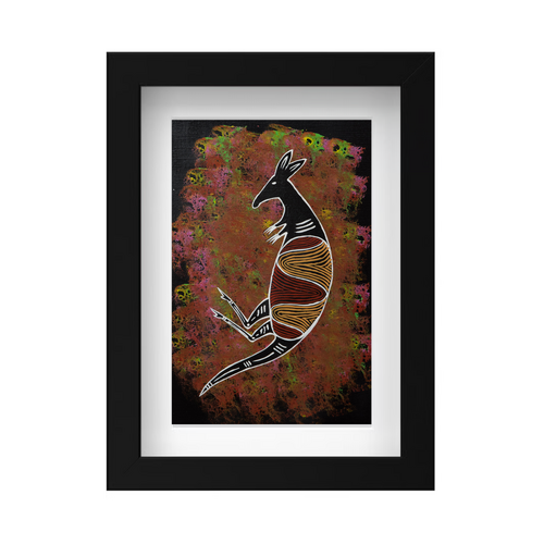 Framed Aboriginal Art PRINT (13cm x 18cm) -Kangaroo Black